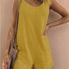Summer 2025 Solid Color Cotton Linen Jumpsuit with Patch Pockets