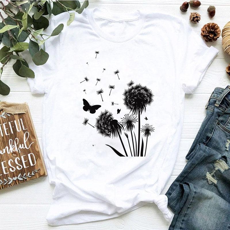 Women's dandelion floral print letter t-shirt - Trendy women's T-shirt with short sleeves Summer polyester fabric
