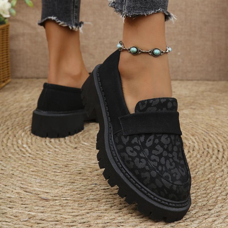 Women's Leopard Print Loafers New Platform Block Heel Fashion British Style Small Leather Shoes