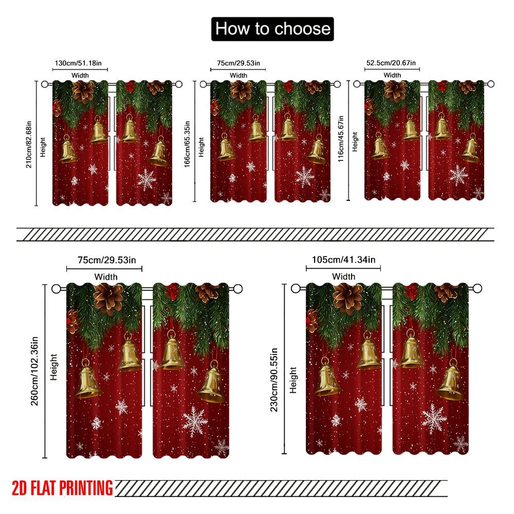 2pcs,2D Plane Printing Pattern Curtains Christmas Bells Snowflakes Holiday Durable 100% Polyester Fabric (without Rod) Versatile