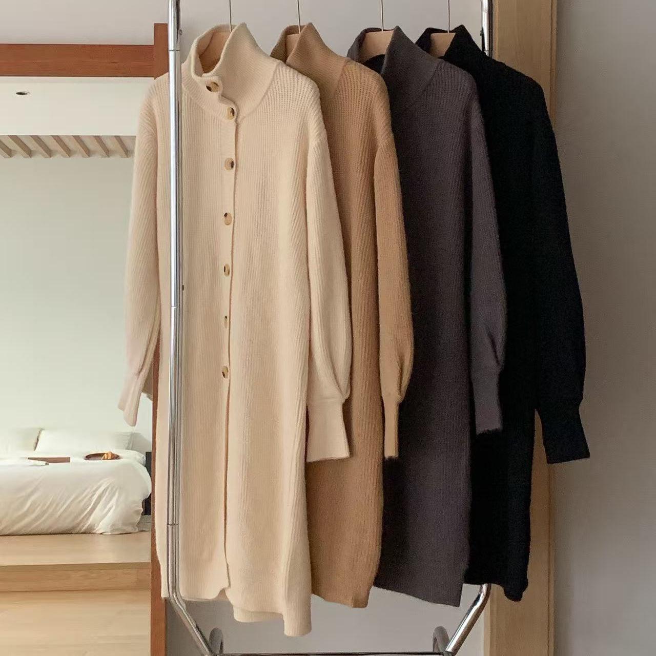 

Вязаный кардиган средней длины с высоким воротником для женщин - 2025 Осень/Зима Приталенное пальто-свитер One Size абрикосовый