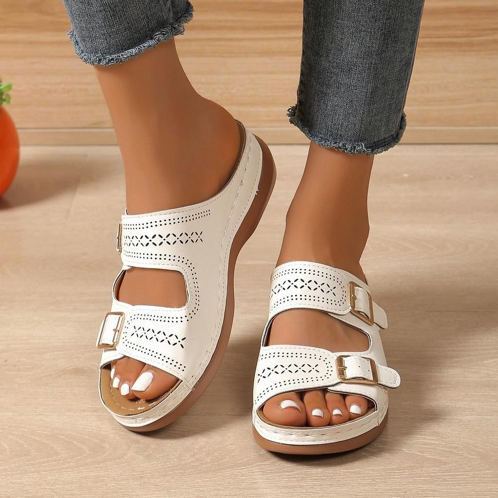 Damen Sommer Dicksohlige Atmungsaktive Keilabsatz Sandalen mit PU Schnallenriemen, Große Größe, Outdoor Römerschuhe
