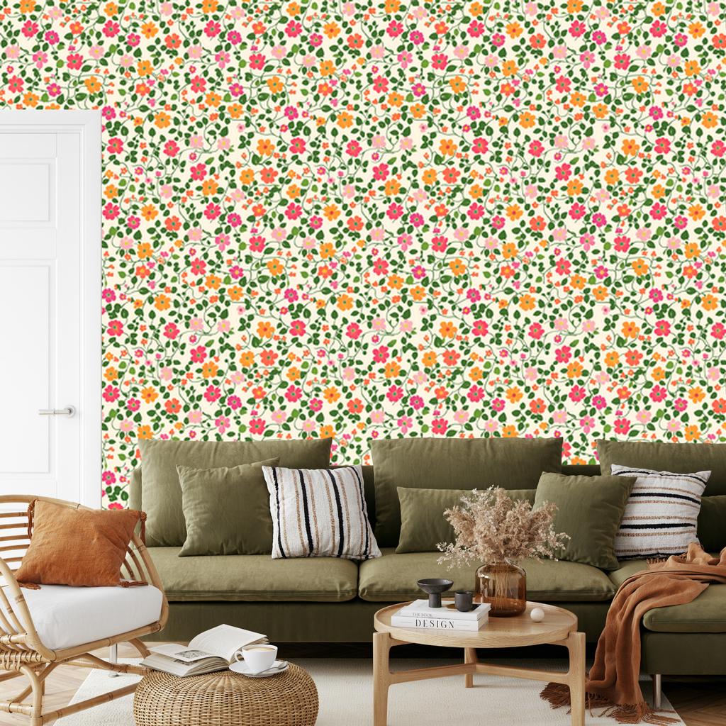 Wallpaper Small Flowers Cream, Lime and Beige for Living Room and Bedroom 50x1000