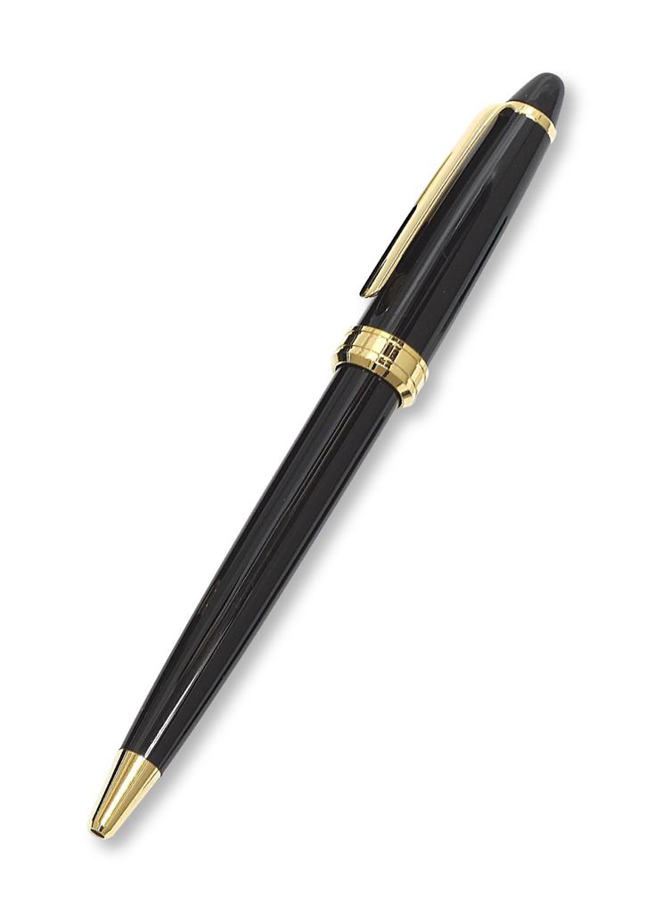 Blue Cowhide Pen Case and Business Card Holder with Slide Measuring Stick and Neo D-600 Ballpoint Pen Set, Black, SASL-MEIL-708W-600B-B