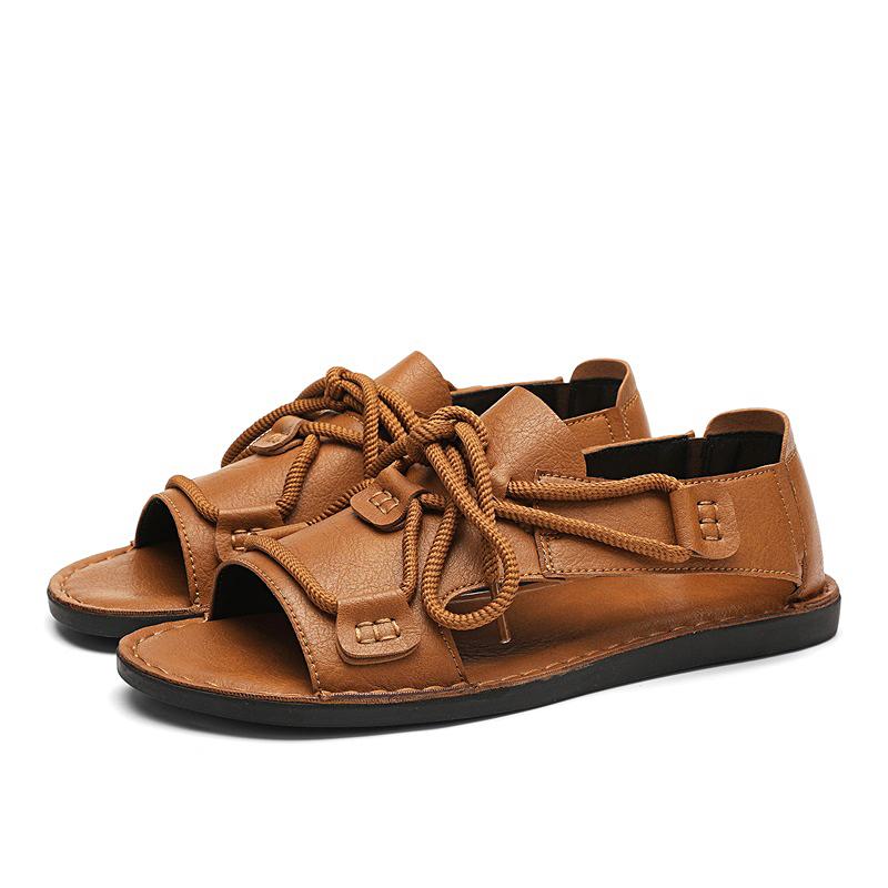 Men Handmade Simple Flats Brown Sandals Summer Roman Sandals Black white Leather Beach Shoes Plus Size