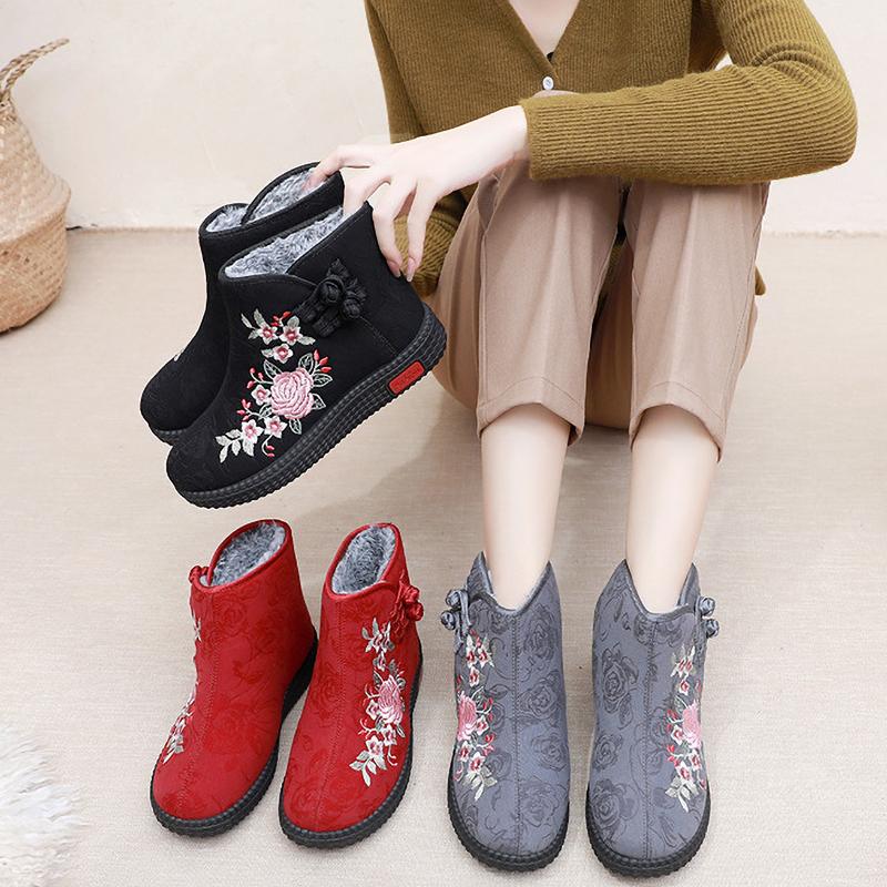 Thickened Floral Embroidery Women's Winter Boots Snow Boots Warm Shoes Mothers Shoes