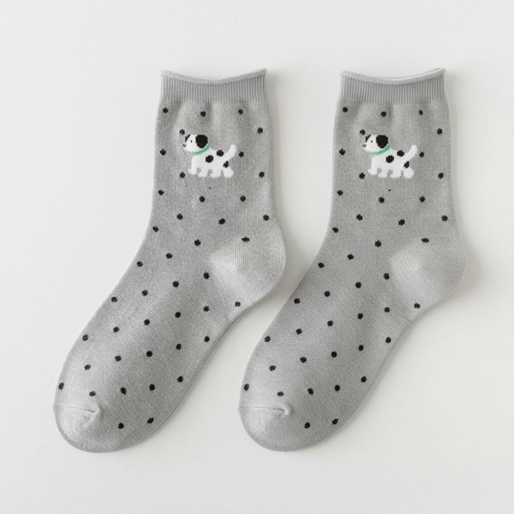 1 Pair Cotton Women Socks Cartoon Dog Cat Printed Middle Tube Socks Kawaii Polka Dot Socks