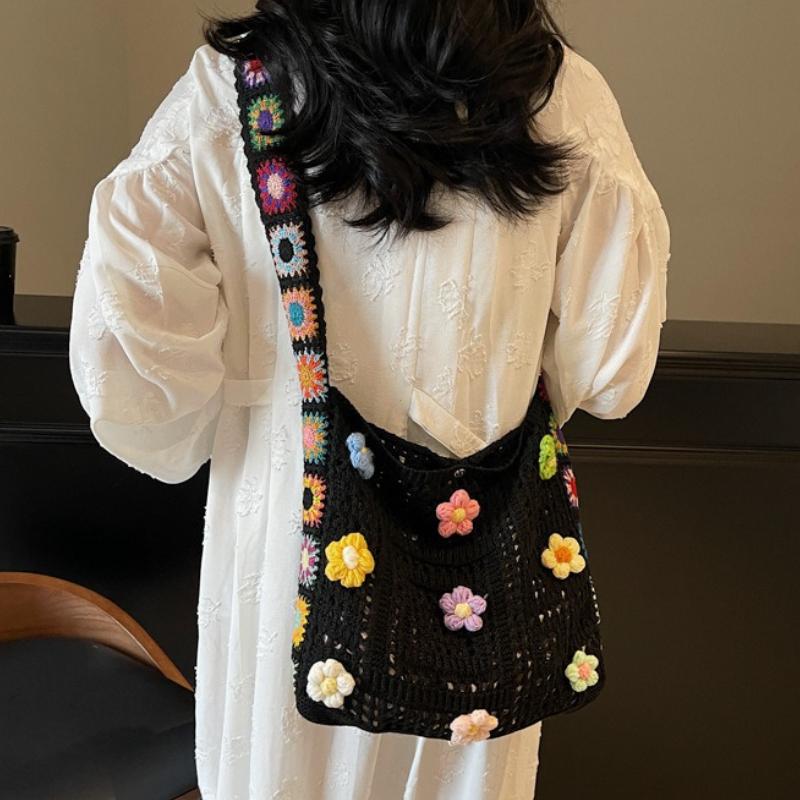 Women's Boho Crochet Bag Designer Flowers Knitted Handbags Large Capacity Summer Beach Woven Shoulder Bag Girls Tote Shopper Bag