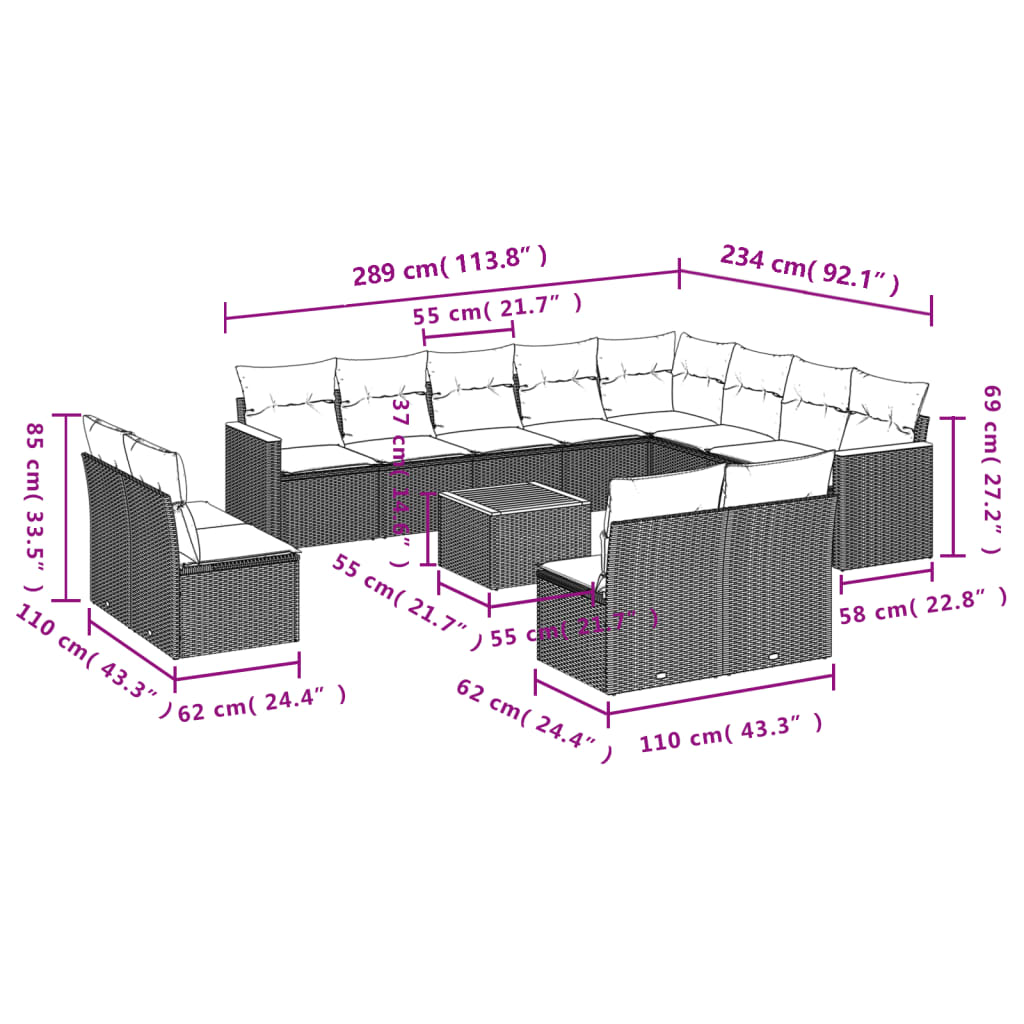 13 Piece Grey Garden Sofa Set with Cushions Poly Rattan