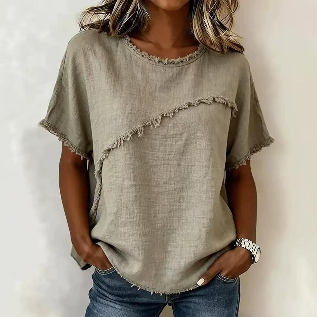 Women Round Neck Short Sleeve Linen Blend Blouse Raw Frayed Edge Splicing Fringe Boho Casual Summer Tops