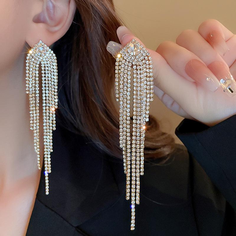 Luxury Zircon Tassel Silver Earrings – High-End European & American Fashion for Women