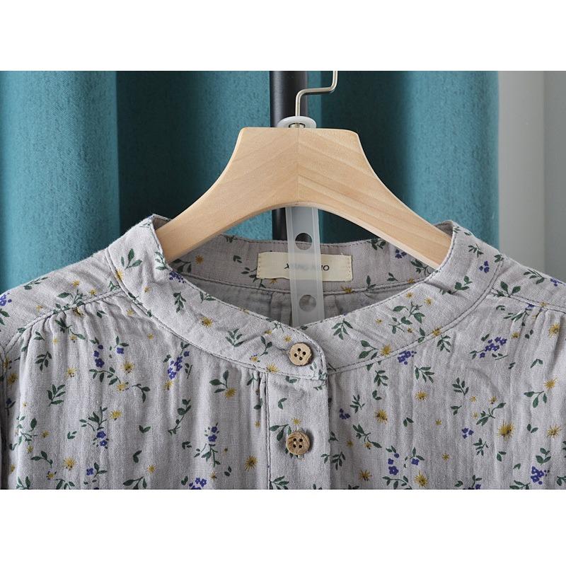 Summer Double-layer Cotton Yarn Shirt with Floral Stand Up Collar Loose Oversized Short Sleeved Shirt Blouses & Shirts
