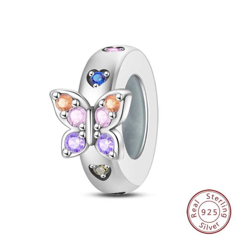 100% 925 Silver Rainbow Zircon Colorful Butterfly Dragon Shaped Silicone Stopper Charms Beads Fit DIY Bracelets Jewelry
