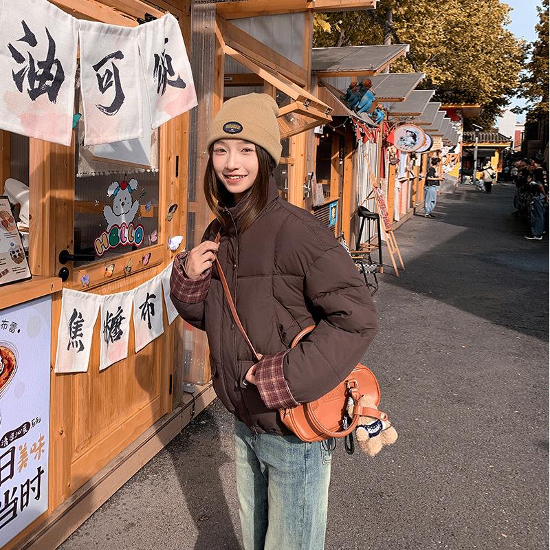 Plaid Down Cotton Coat Women's Short Style New Autumn and Winter Petite Cotton Coat Jacket Top Women's Bread Coat
