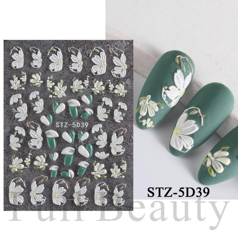 1 Sheet 5D Simple Flowers Nail Embossed Stickers Elegrant Wedding Design Adhesive Sliders Summer Textured Engraved Nail Decoration