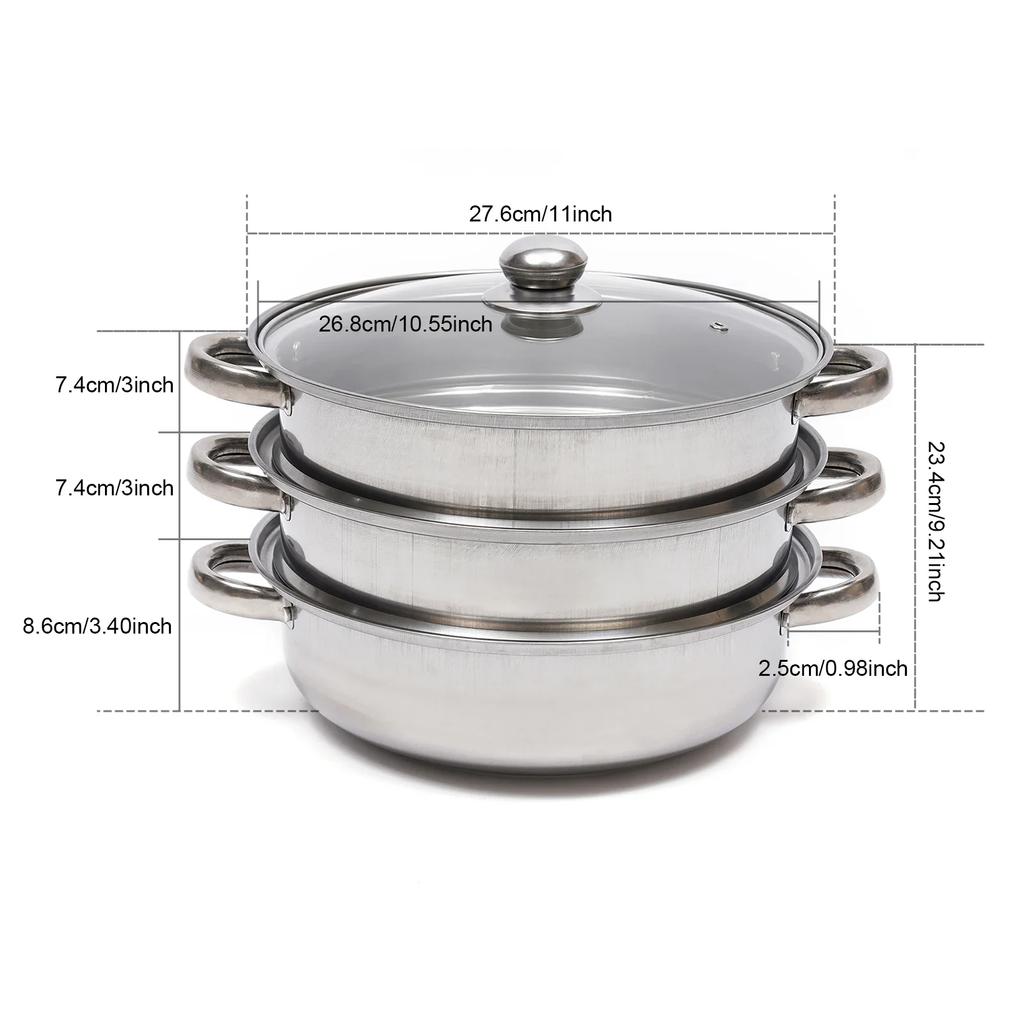 Steamer for Cooking, Stainless Steel Steamer Pot, Food Steamer 11'' Steam Pots with Lid 3-tier for Cooking Vegetables, Seafood
