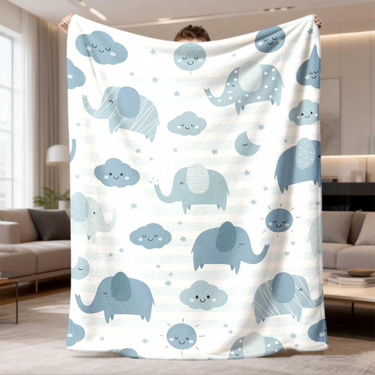 Cute Baby Elephant Cloud Print Throw Blanket for Nursery Bedding Decor Gift 75X95CM