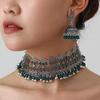Bohemian Exotic Rhinestone Tassel Necklace & Earrings Set In Antiqued Alloy