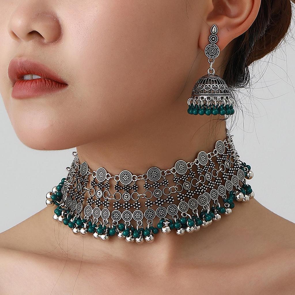 Bohemian Exotic Rhinestone Tassel Necklace & Earrings Set In Antiqued Alloy