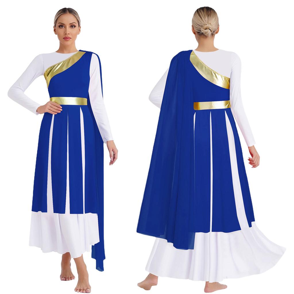 S-XXL Lyrical Worship Dance Dress One Shoulder Sleeveless Metallic Shiny Patchwork Slit Hem Tunic with Drape for Stage