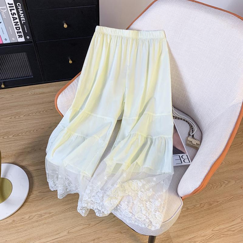 Spring Women s Cotton-Linen Wide-Leg Pants with Lace Detail and Elastic Waist L