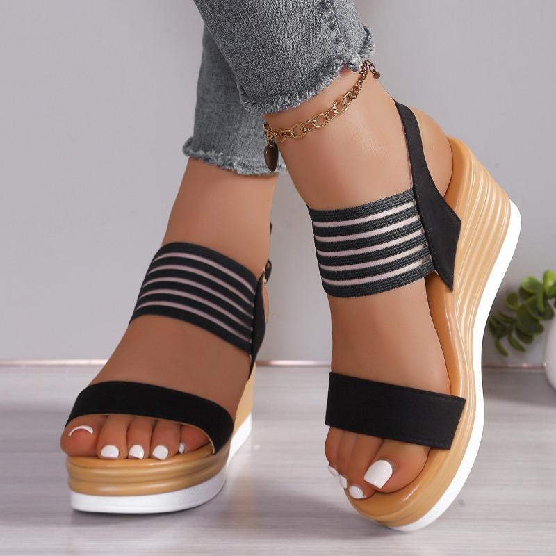 Sandali con zeppa e plateau da donna a pianta larga, scarpe romane con zeppa e punta aperta, sandali da esterno da spiaggia in stile europeo per donna