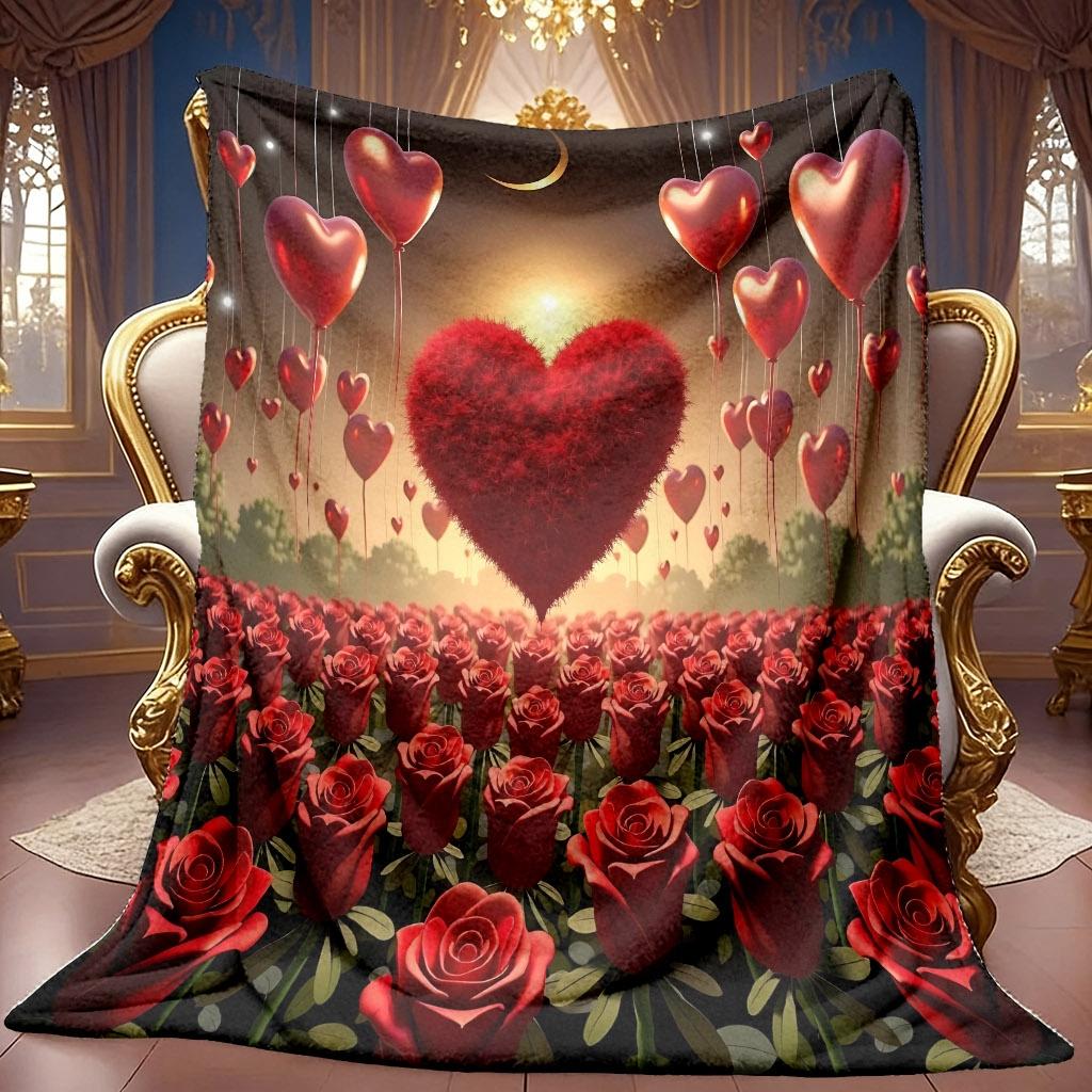 A 2D Red Rose, Heart, Balloon, Moon, and Starry Sky Themed Flannel Blanket with Soft High-definition Digital Printing. A Cooling Blanket Suitable for