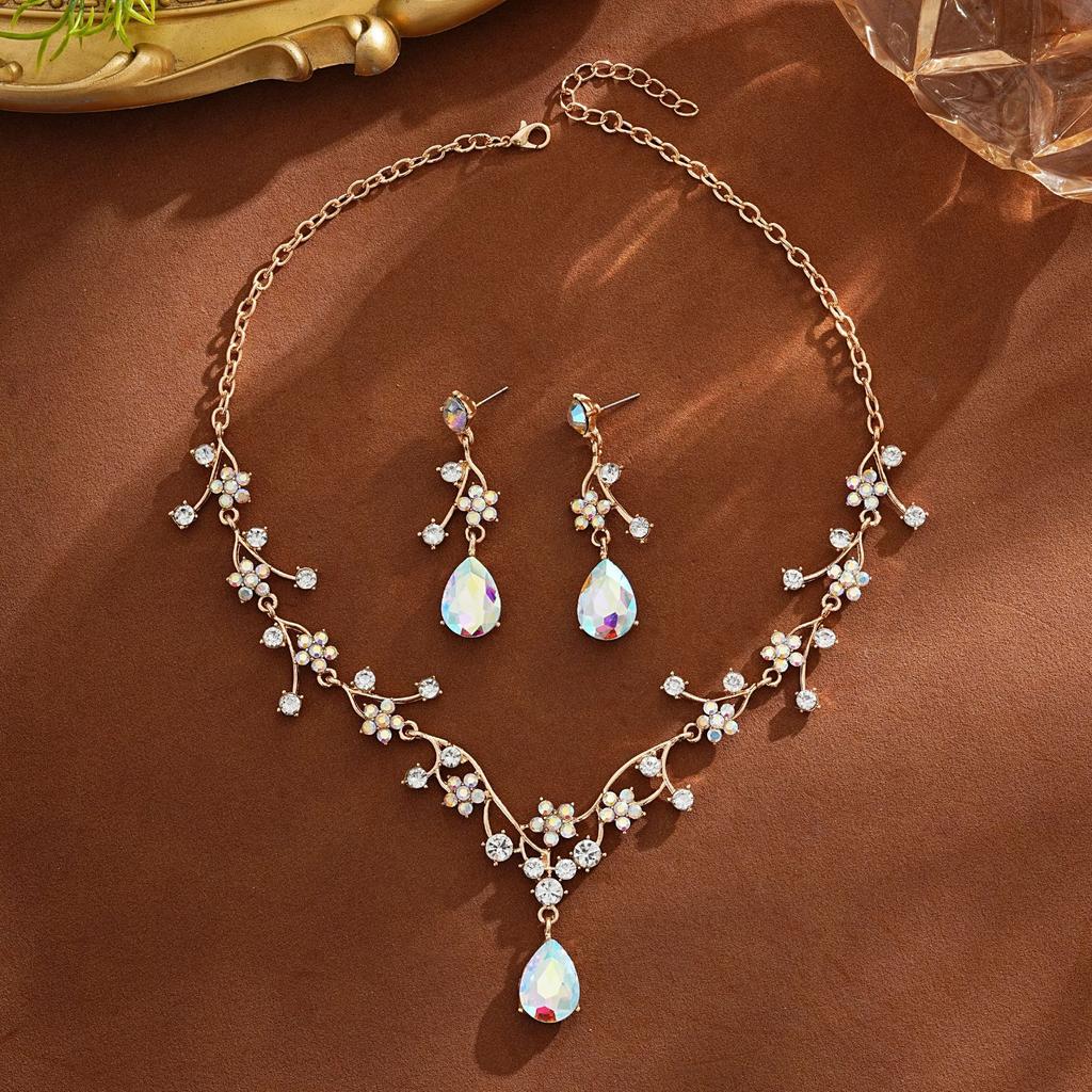 Elegant Pink Floral Rhinestone Jewelry Set for Women Gold Tone Teardrop Pendant Necklace Drop Earrings Bridal Prom Accessories
