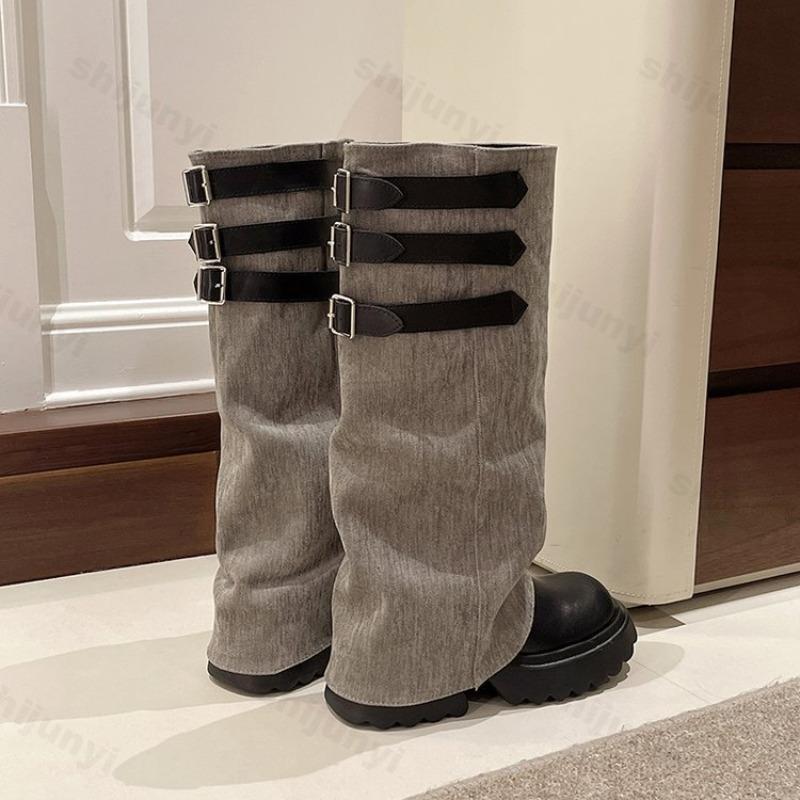 Women Knee High Chelsea Boots 2026 Autumn Mid Heels Platform Shoes Women High Tube Thick Bottom Retro Fashion Buckle Botas Mujer