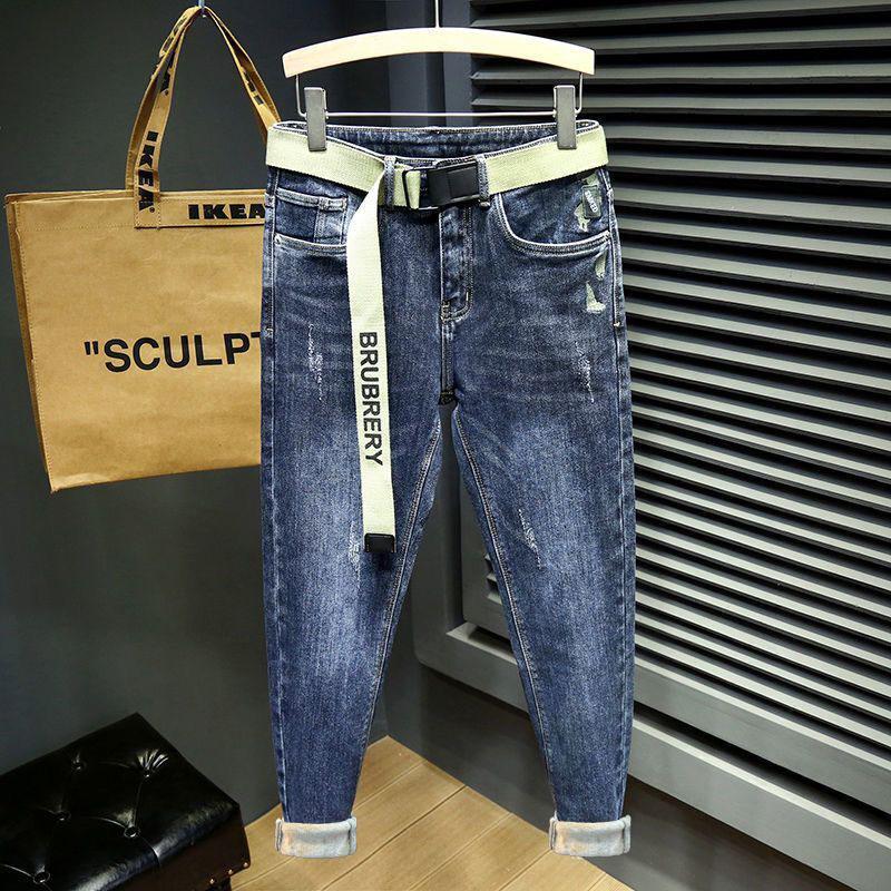 2024New Fleece Padded Jeans Men's Autumn and Winter Leisure Washed-out All-Match Stretch Slim Fit Tapered Pants Men's Fashion Brand