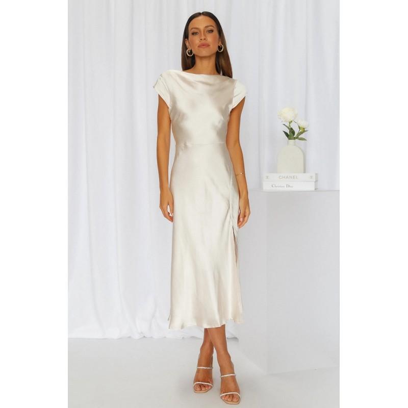 Elegant Satin Solid Color Off-Shoulder Midi Dress With Back Twist Knot Detail