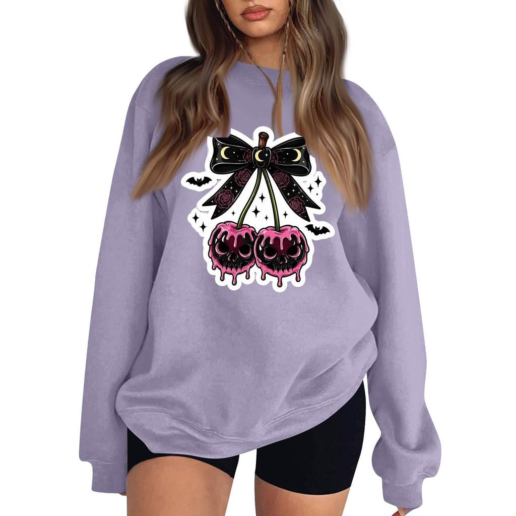 Women's Neck Long Sleeve Casual Loose Fit Sweatshirt Pullover with Color or Small Halloween Print