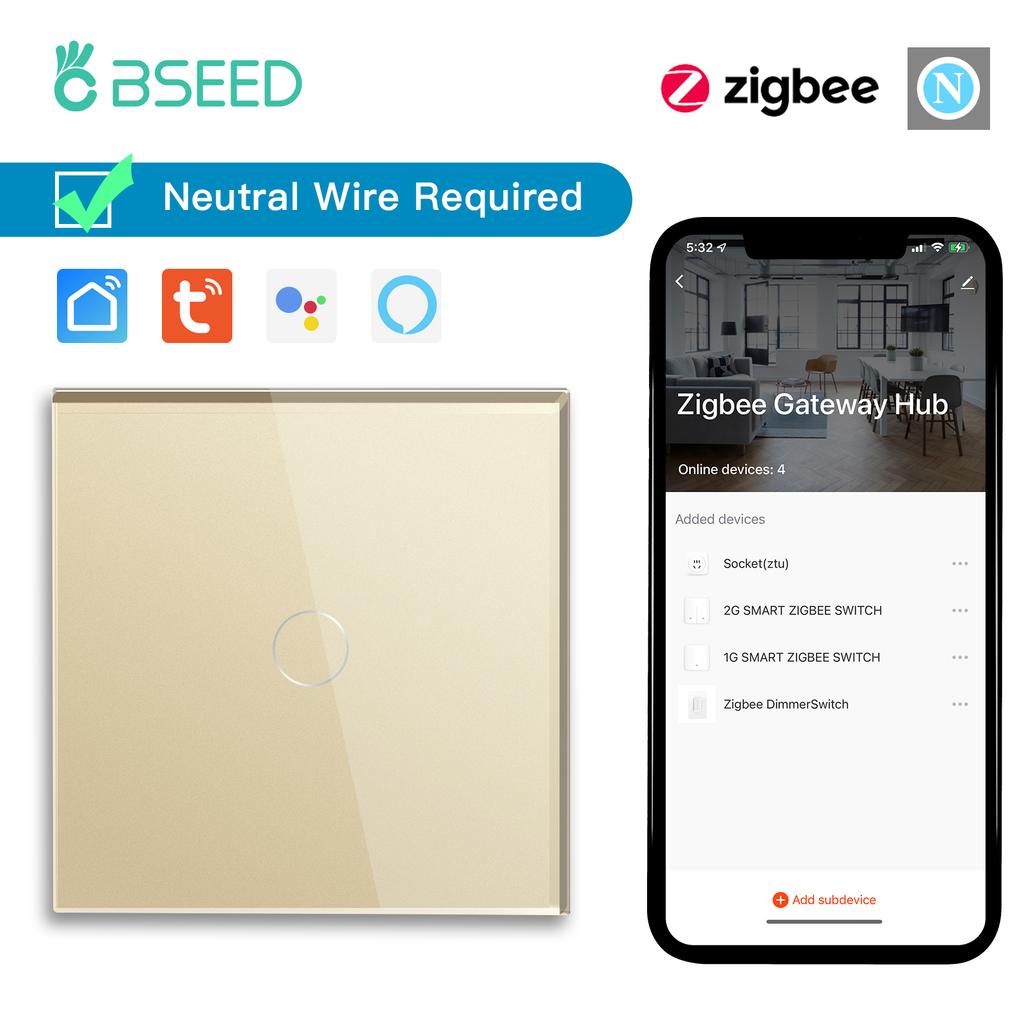 BSEED zigbee 1/2/3Gang Smart Touch Switches Tuya Smart Life App Control Plus Normal Power Sockets EU Standard Neutral Required