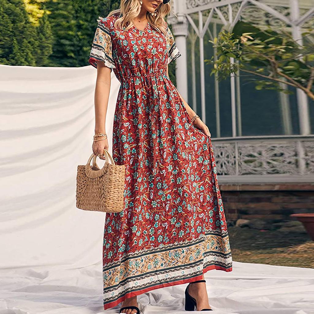 Ladies Fashion Casual Ethnic Bohemian Printed Vacation Beach Dress Long Skirt
