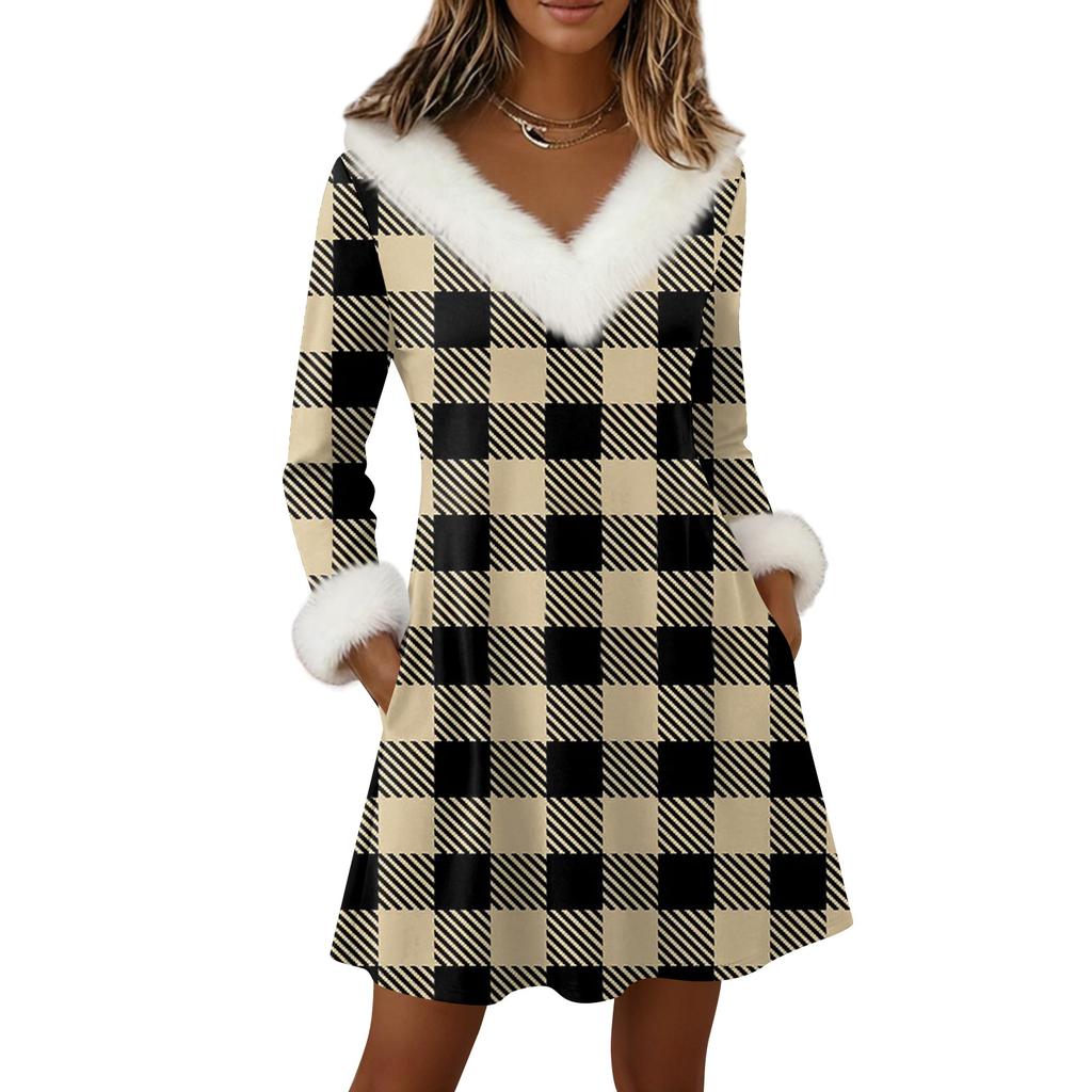 Womens Long Sleeve Pullover Dress Casual Knit V Neck Knee Length Dresses With Pockets