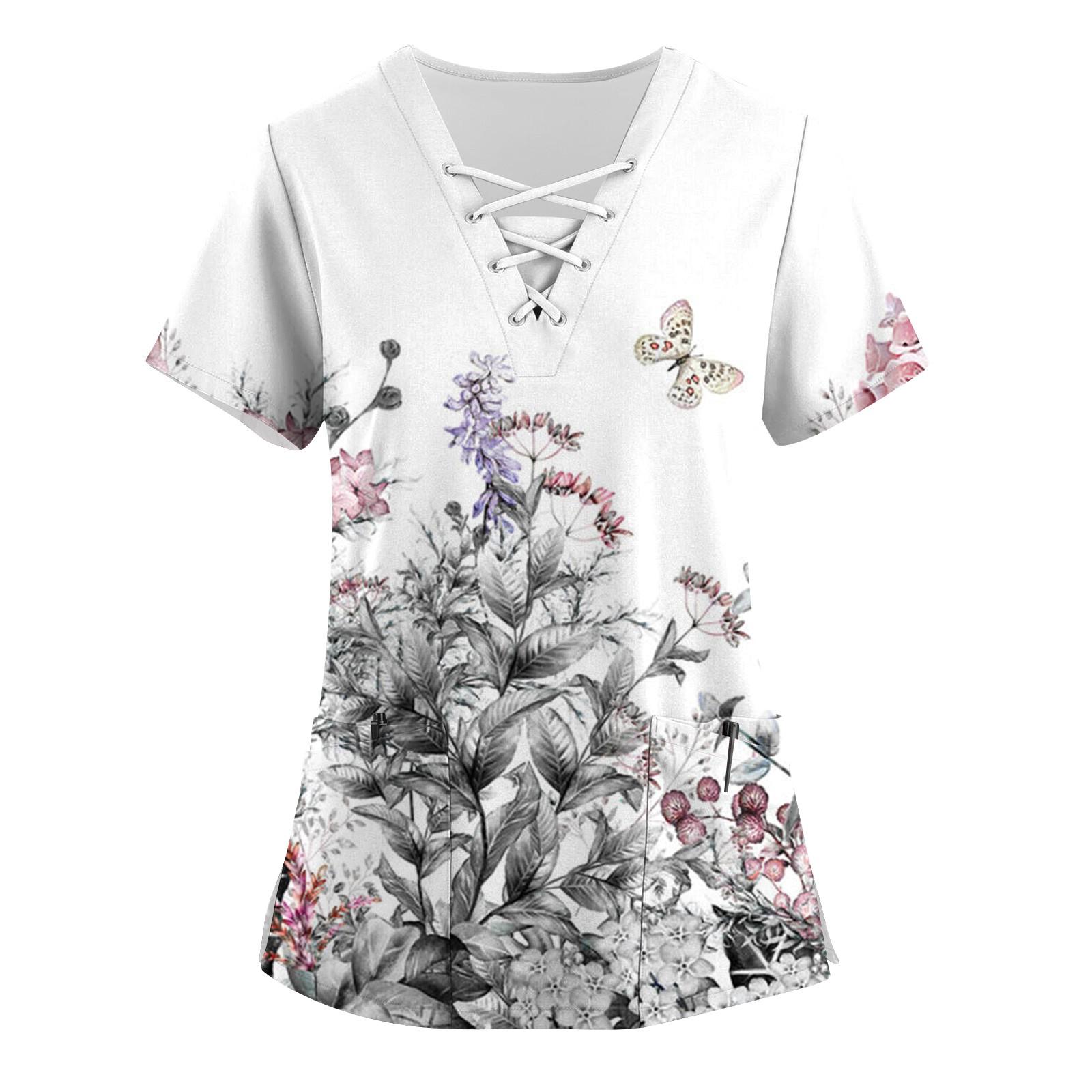 

Женский топ с короткими рукавами и V-образным вырезом с цветочным принтом и карманами для рабочей формы XL