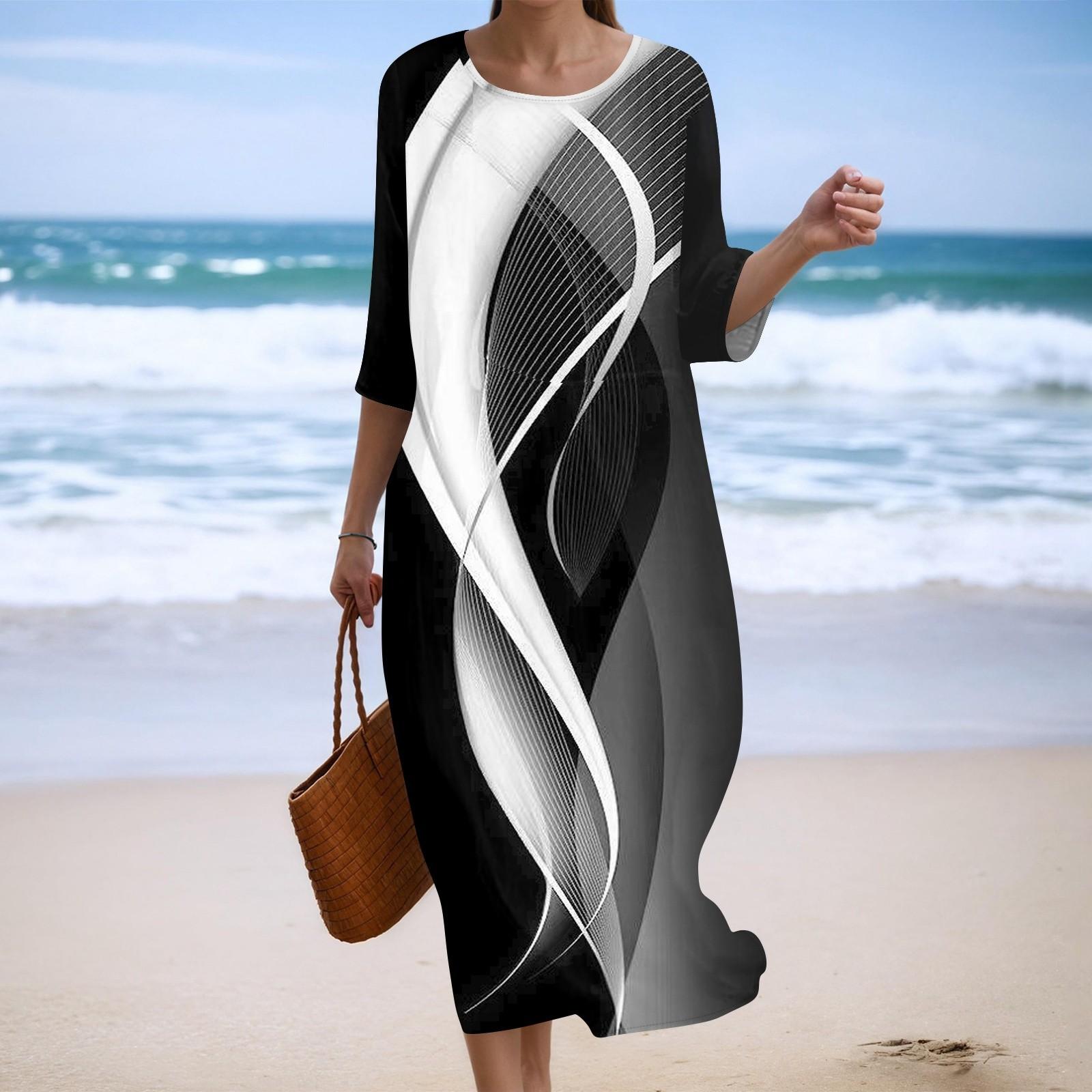 

Женское модное платье свободного кроя с принтом, круглым вырезом и рукавом три четверти L чёрный