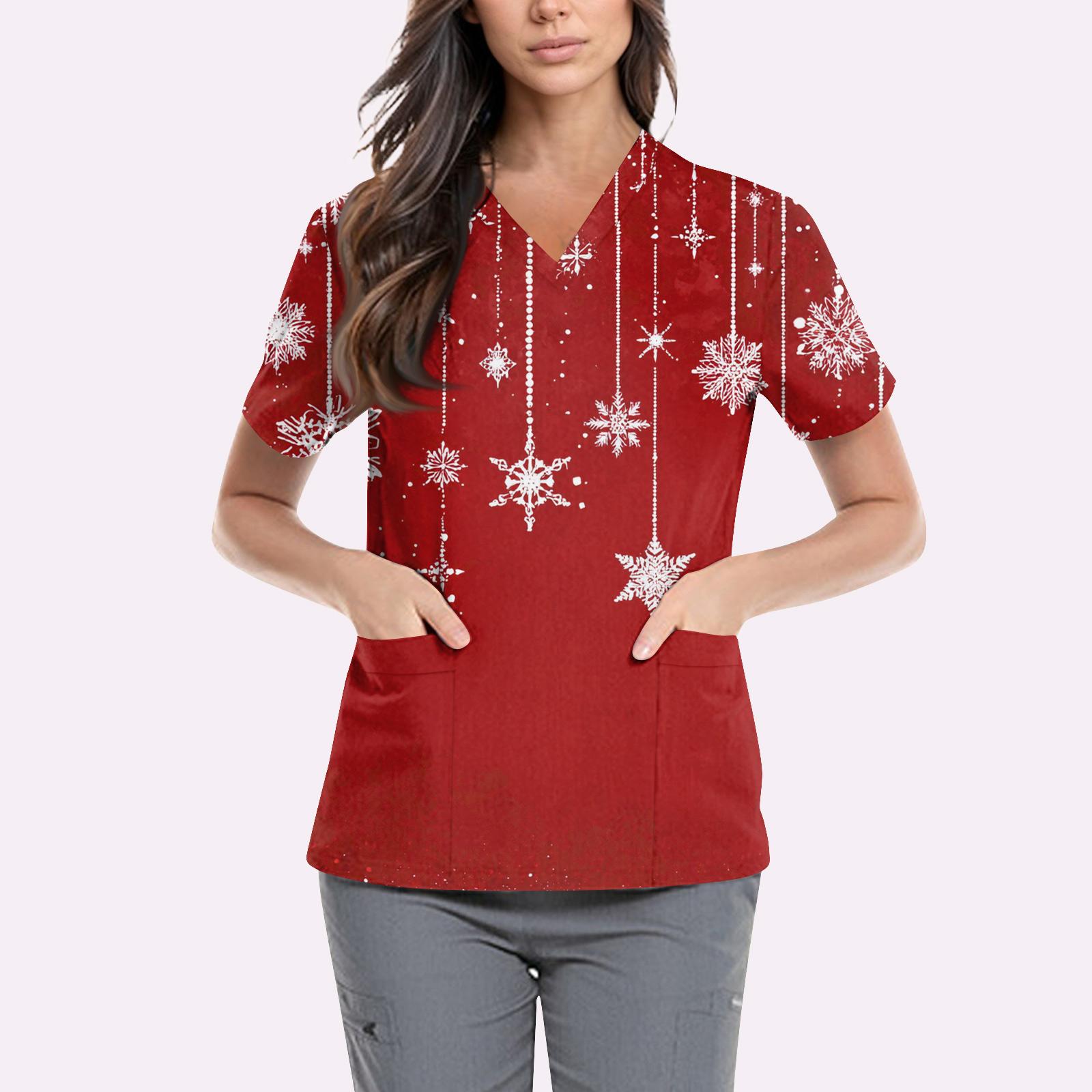 

Женская симпатичная принтованная рабочая одежда с V-образным вырезом, двухслойными карманами, базовым коротким рукавом, пуловером ко Дню святого Валентина XXXL красный