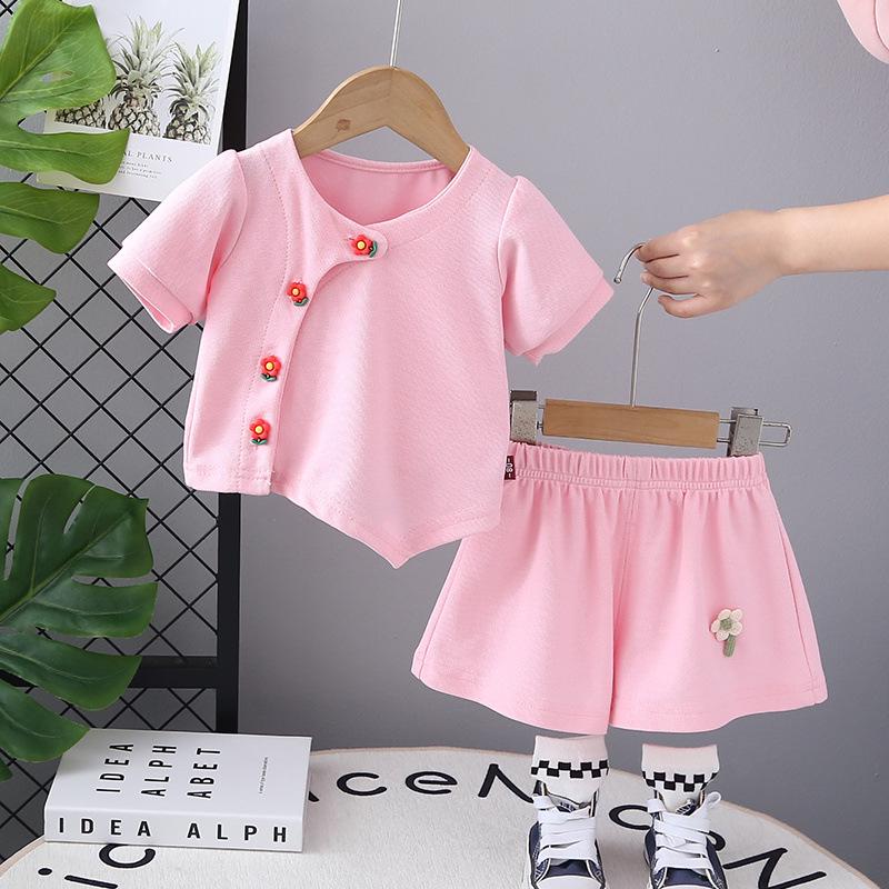 

Летний наряд для девочек в корейском стиле: Комплект из двух предметов «Маленький цветок» (Короткий рукав) Издание 2025 г. 80cm розовый