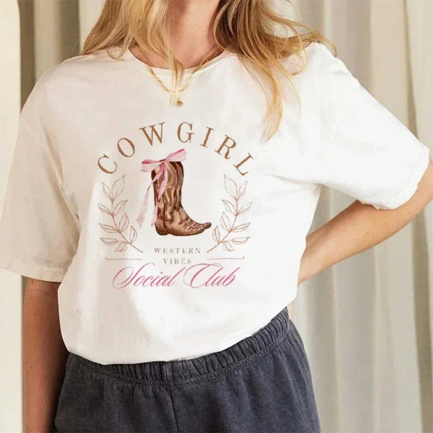 Coquette Cowgirl Boots Printed T-Shirt Short Sleeved Short Sleeved Printed Basic Top Clothing O-Neck Summer New T-Shirt. S разноцветный