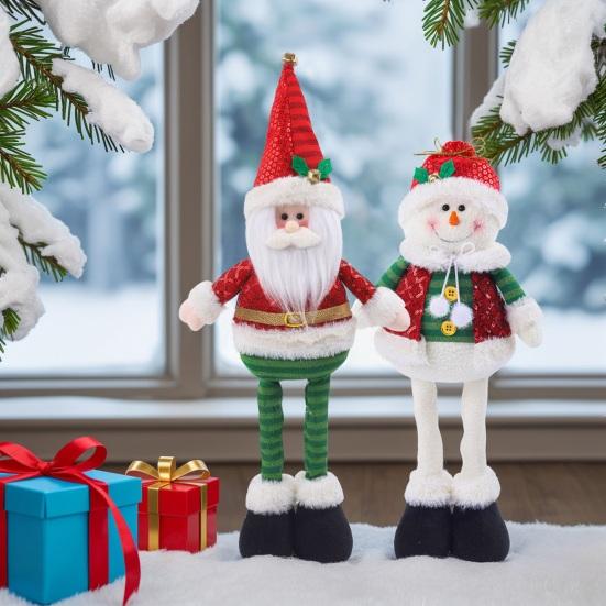 Christmas Plush Doll with Retractable Legs Handmade Standing Snowman Santa Claus Plush Toy Xmas Winter Holiday Party Decoration Ornament