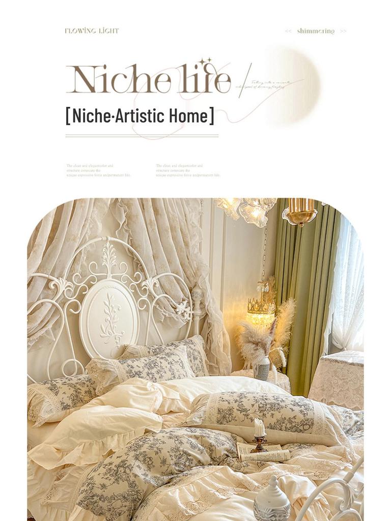 French Retro Princess Style Cotton Bedding Set with Lace Edge