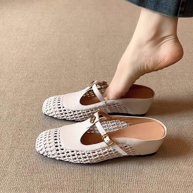 Soft leather version inner height increase cool slippers square head weaving hollow breathable T-buckle with wedge heel sandals women