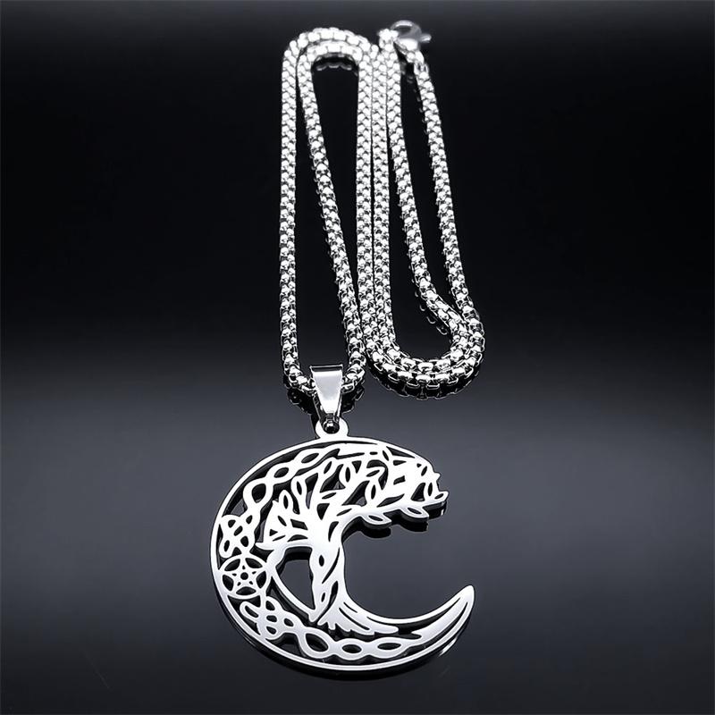 Witch Pentagram Tree Of Life Crescent Moon Necklace Stainless Steel Amulet Protection Star Goddess Necklaces Jewelry collier