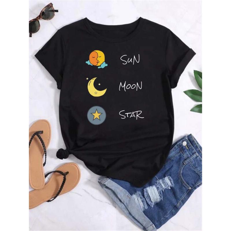 Maycaur T-shirt Dam Måne Planet Tryck Mode T-shirts Casual Rund Hals Kort Ärm Streetwear Dam T-shirt Vintage Toppar