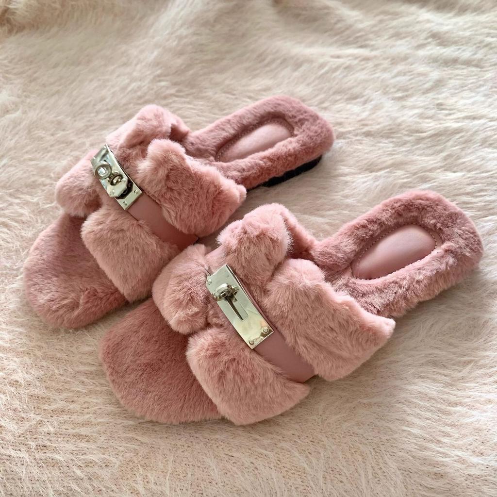 Suding Home "Mao Mao Tuo" Summer Gentle Fashion Versatile Premium Sense Flat Bottom One Word Plush Cotton Slippers Women's New