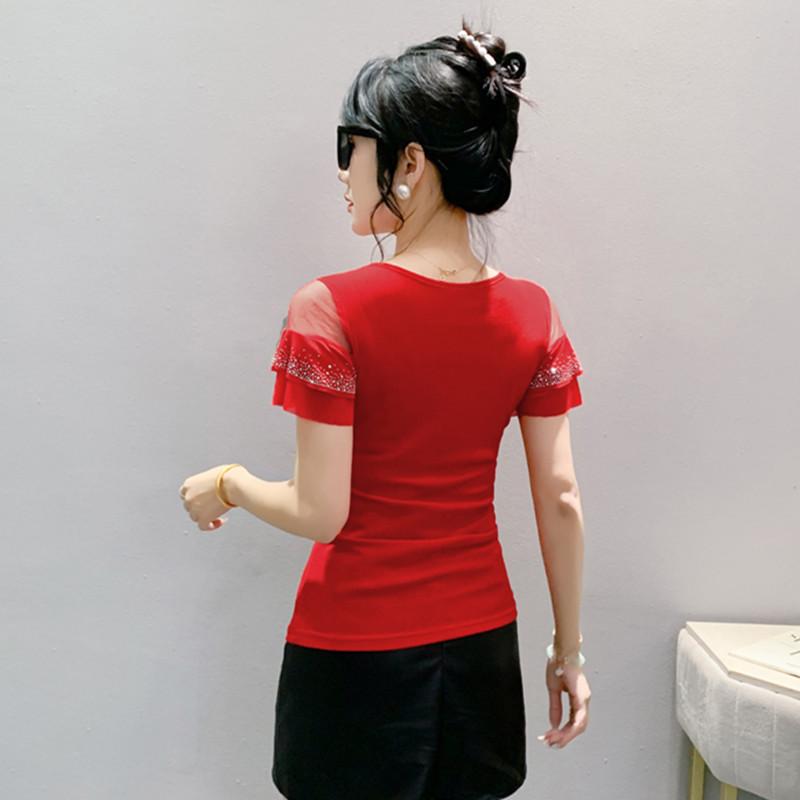 Summer Streetwear Girl Shiny Bling Rhinestone Floral T-shirt Sexy Off Shouler Short Sleeve Tops New Chic Women Elastic Slim Tees