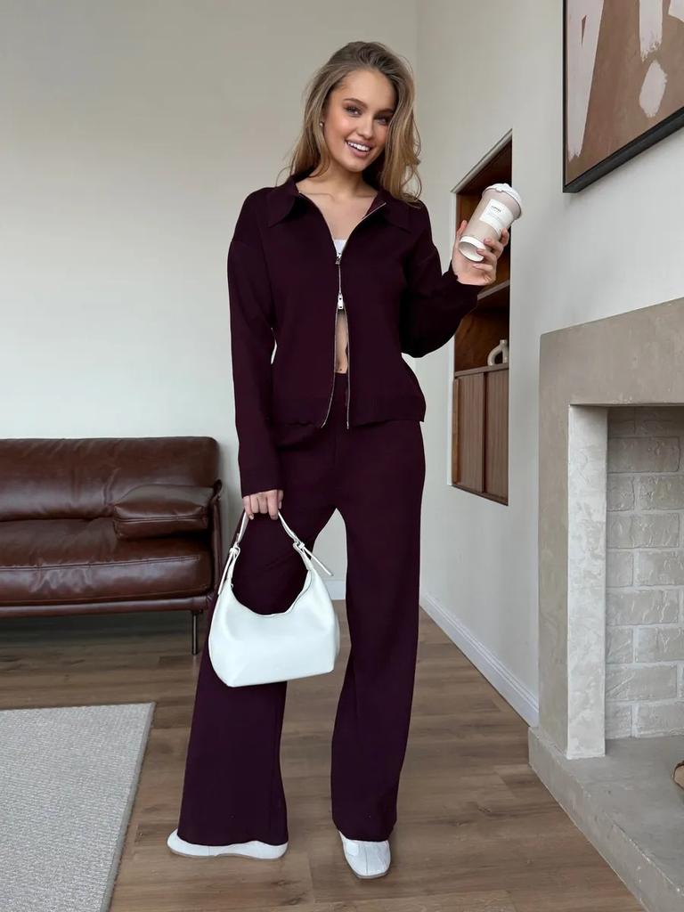 Russian and European style solid color long-sleeved zipper cardigan knitted suit + wide-leg trousers two-piece women's clothing
