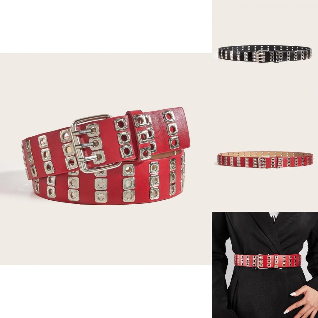 Faux Leather Belt With Iron Buckle And Pierced Pattern For Casual Streetwear And Jeans