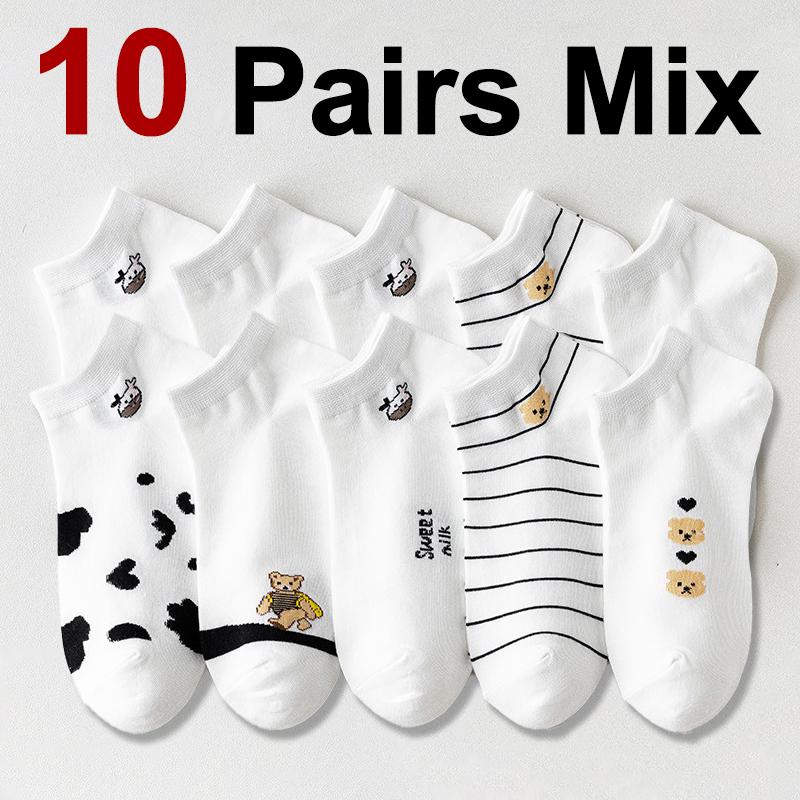 5/10/20 Pairs Women Animal Printed Short Socks Spring Summer Sweat Absorbing Breathable Comfortable Knitted Fabric Casual Socks